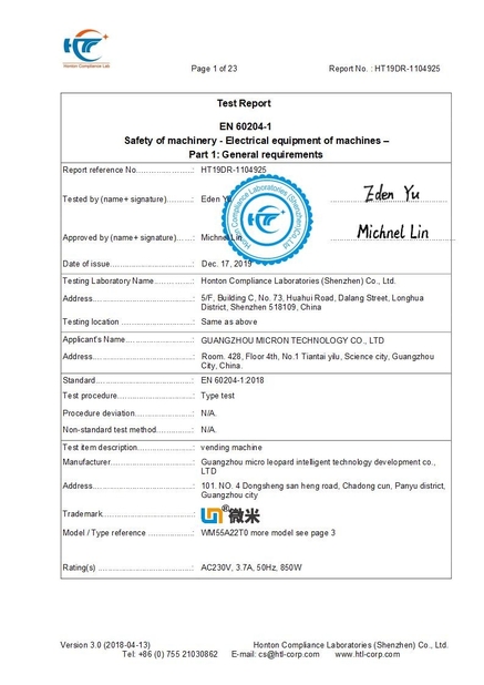 Porcellana Guangzhou Micron Vending Technology Co.,Ltd Certificazioni
